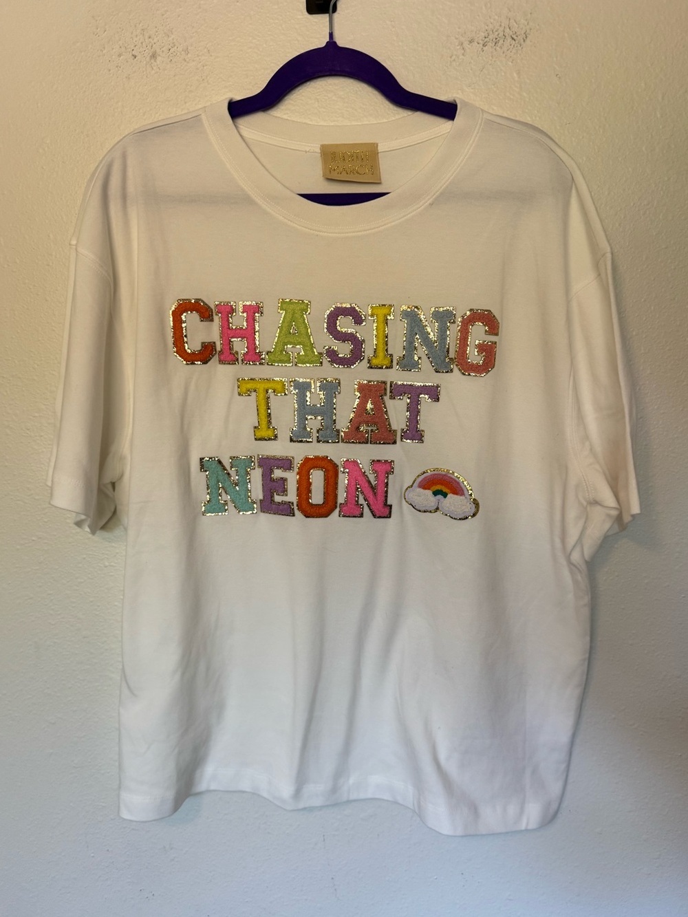 NEW Judith March T Shirt Chasing That Neon Rainbow Patches White Cotton L NWOT